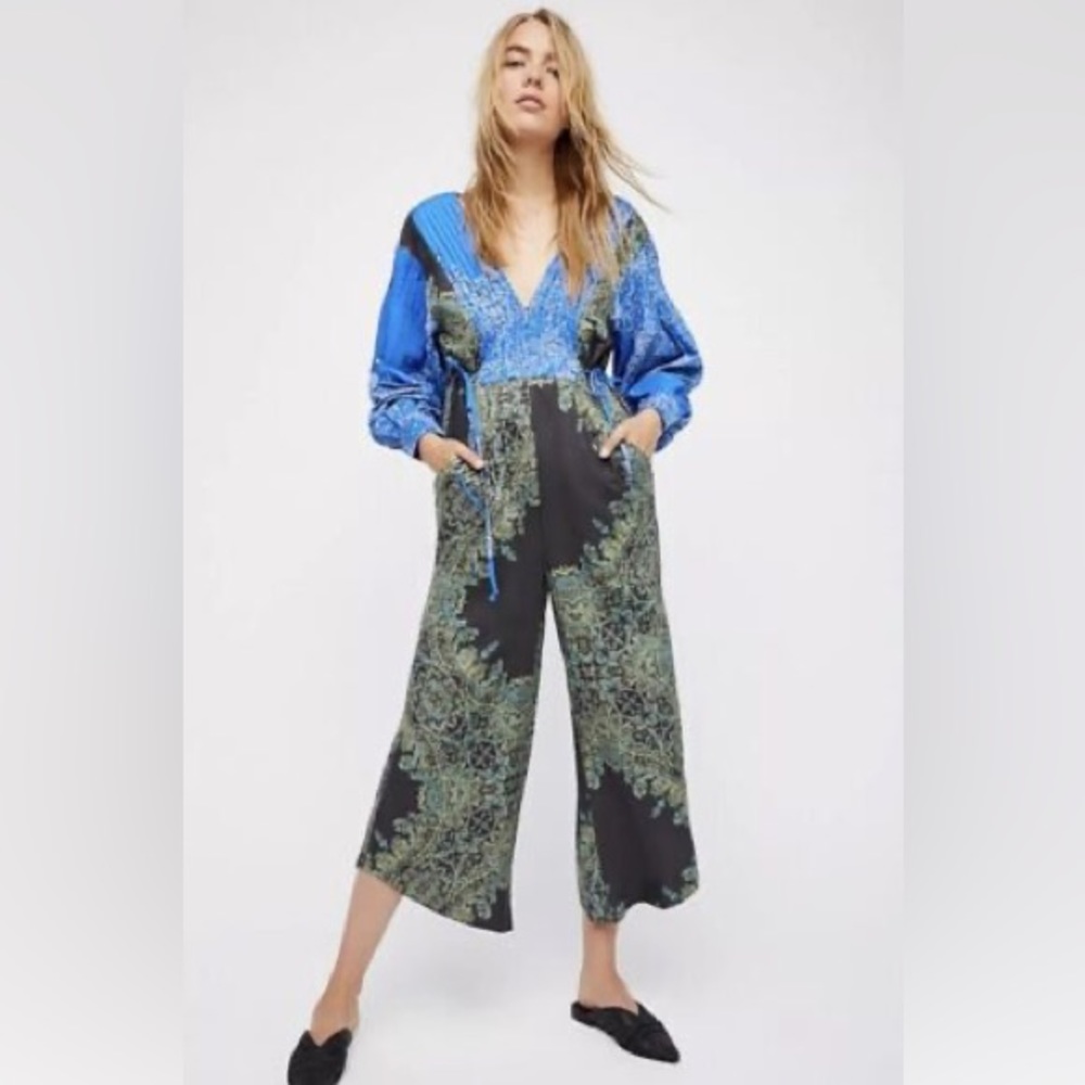 Free People Blue and Black Printed Wide-Leg Jumpsuit